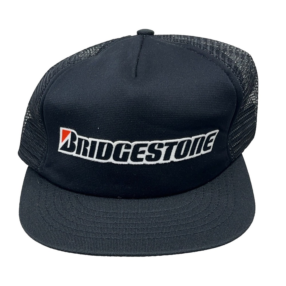 Vintage Bridgestone Tires Trucker Hat Cap Snapback Black Mesh 90s Swingster USA